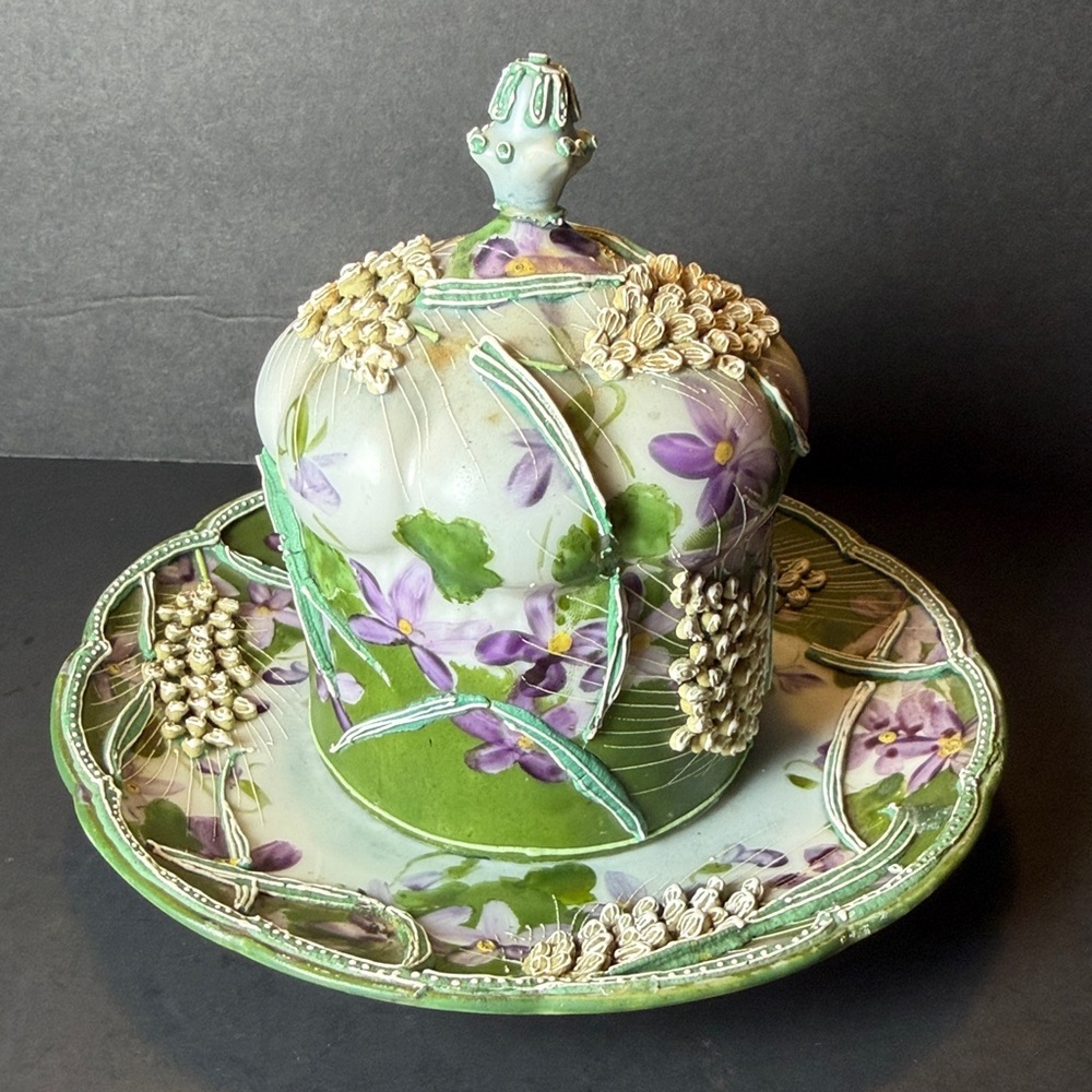 Antique Nippon Japan Moriage Hand Painted Floral Match Holder / Striker Violets